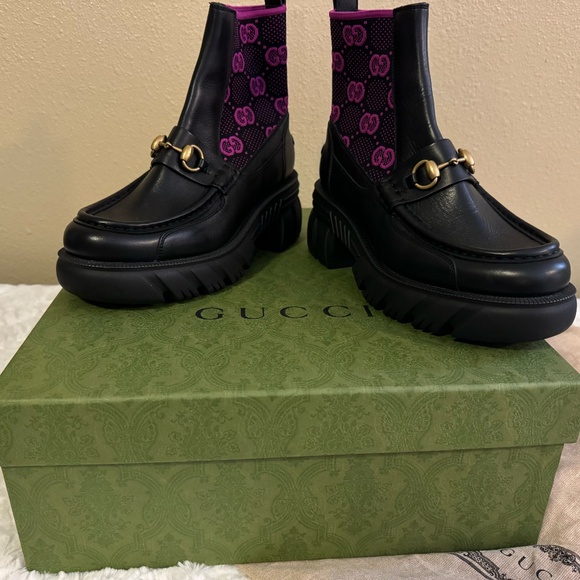 Gucci Women's Black GG Supreme Horsebit Chunky Boots - Picture 3 of 5